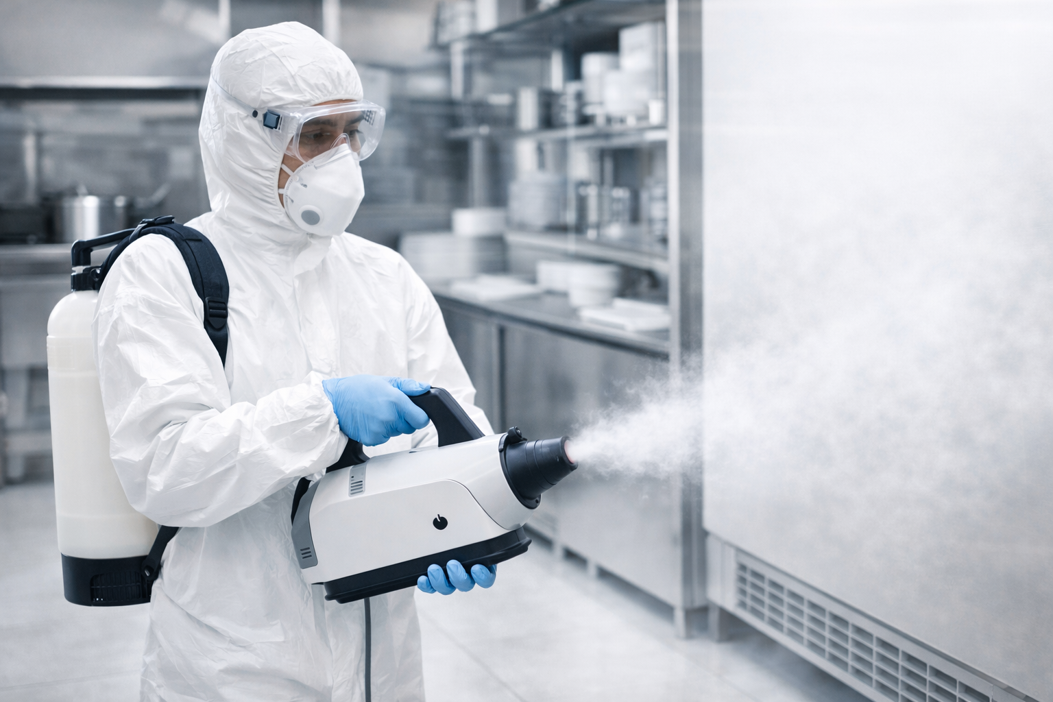 防護服を着た消毒業者が薬剤を噴霧するイメージ